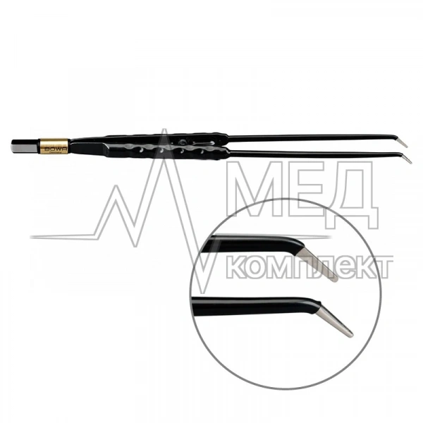 Пинцет биполярный прямой антипригарный BOWA NON-Stick-Gold сферическая рукоятка, длина 225 мм, наконечники загнутые 1 мм, разъем евростандарт