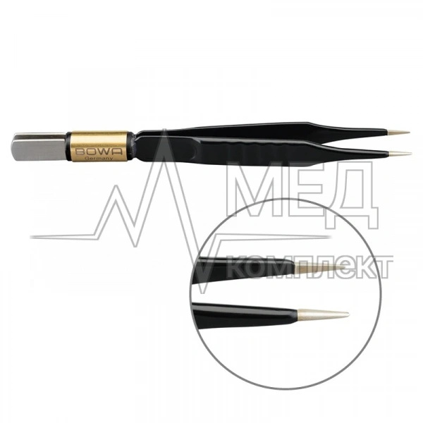 Пинцет биполярный прямой антипригарный BOWA NON-Stick-Gold плоская рукоятка, длина 110 мм, наконечники прямые 6x0,5 мм, разъем евростандарт